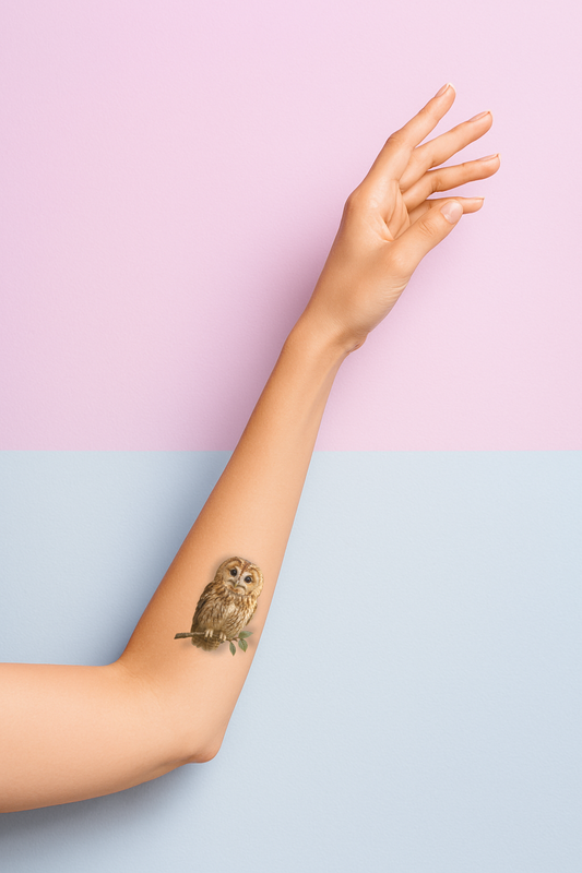 fake temporäres Eulen Tattoo